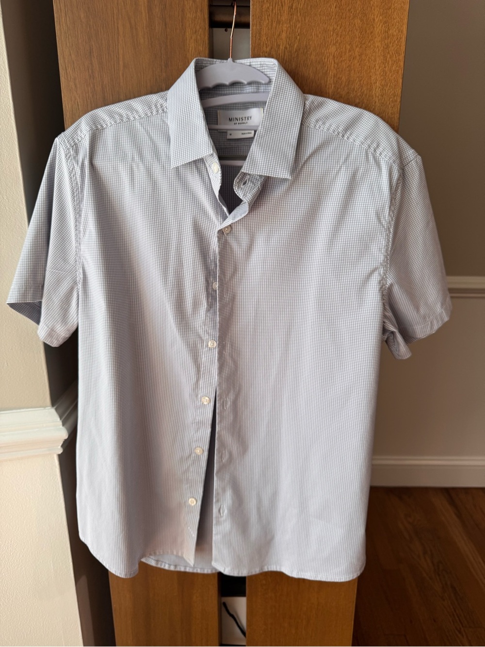 Ministry of Supply Pale Blue Short-Sleeve Micro-Check Button-Down Shirt